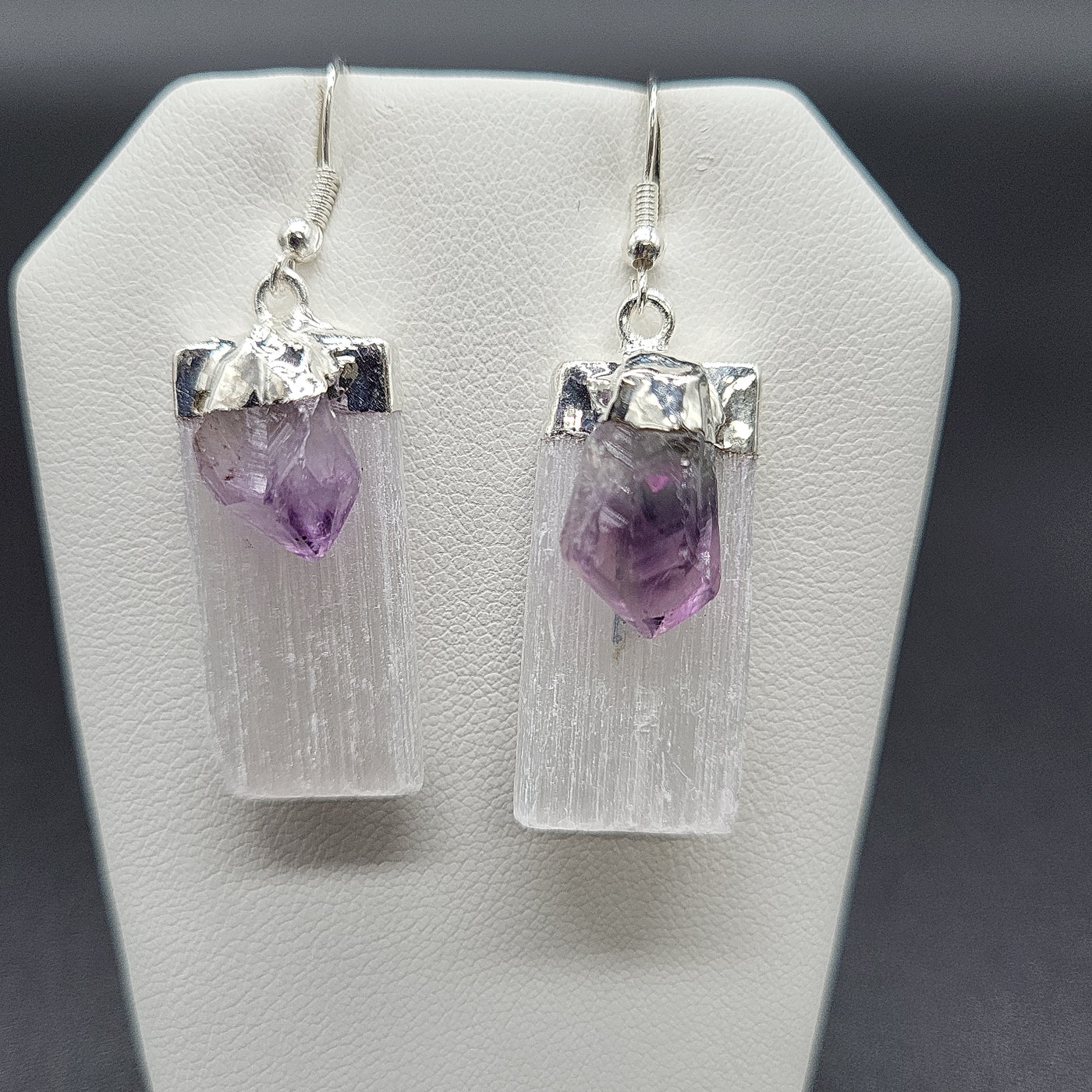 Selenite w/ Amethyst Point Dangle Earrings Silver-tone