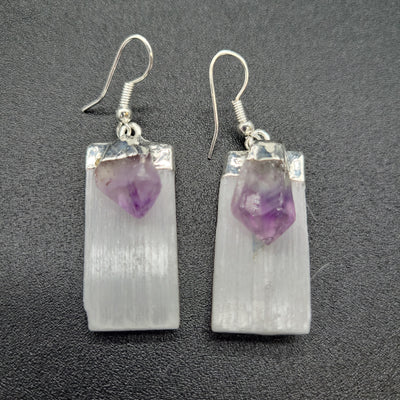 Selenite w/ Amethyst Point Dangle Earrings Silver-tone