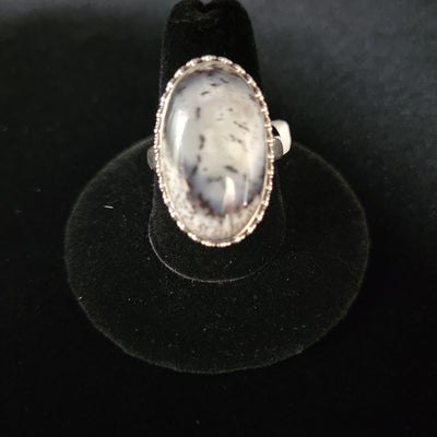 Sz9.5 Dendritic Agate Oval Ring 1"L Sterling Silver