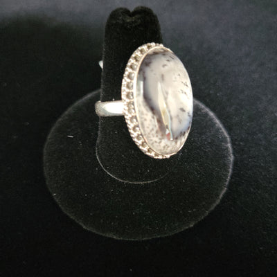 Sz9.5 Dendritic Agate Oval Ring 1"L Sterling Silver