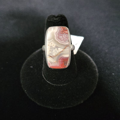 Sz8 Crazy Lace Agate Rectangle Ring .85"L Sterling Silver