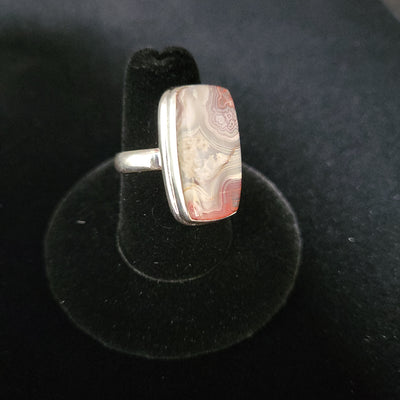 Sz8 Crazy Lace Agate Rectangle Ring .85"L Sterling Silver