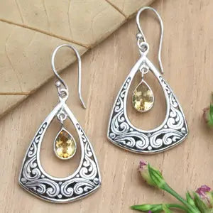 Citrine Vintage Droplet Shape Carved Pattern Earrings with Gemstone