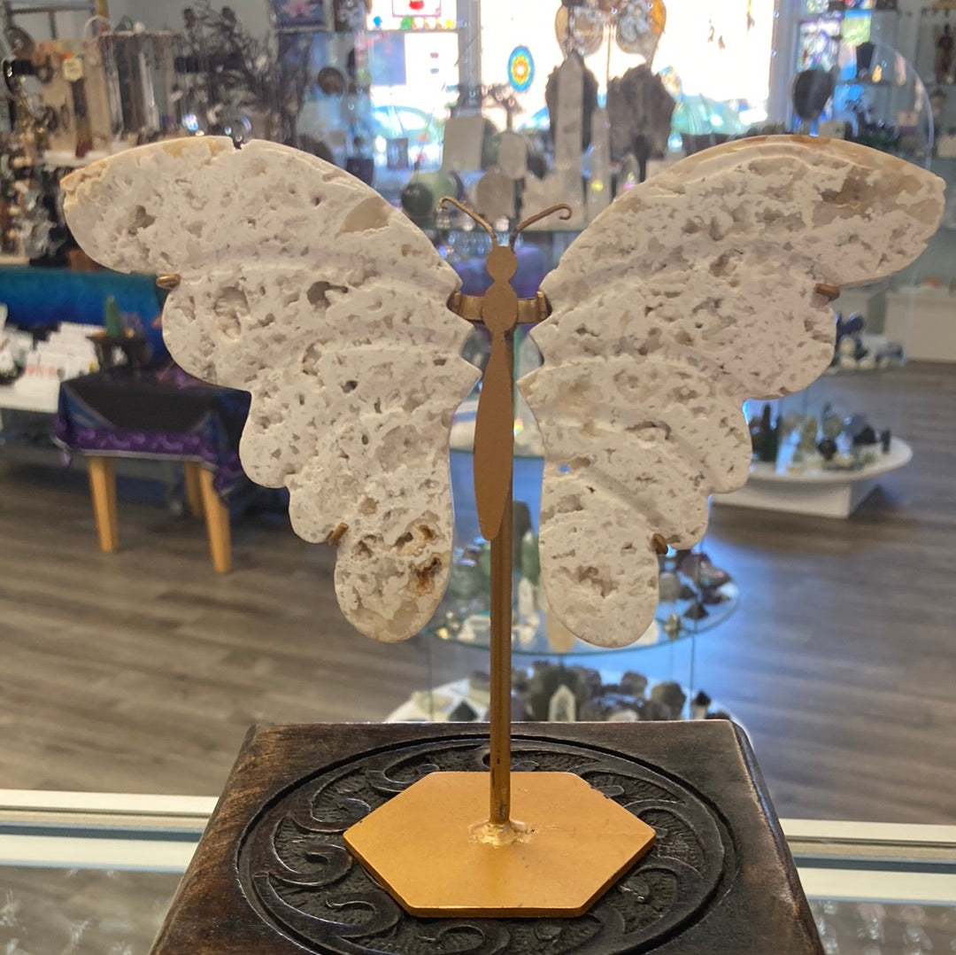 6.5" White Chalcedony Butterfly On Stand