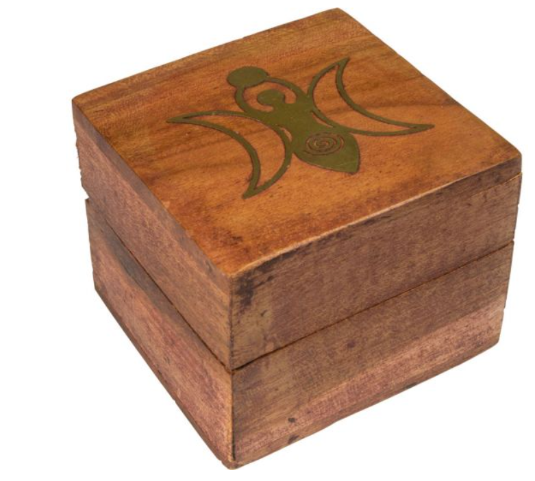 2.5" Acacia Square Box w/ Hinged Lid Goddess Brass Inlay