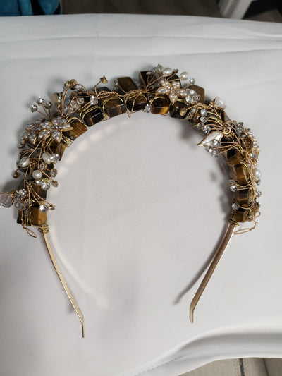 Tiger's Eye Crystal Pearl  Flower Crown Tiara