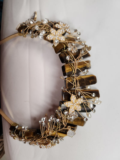 Tiger's Eye Crystal Pearl  Flower Crown Tiara