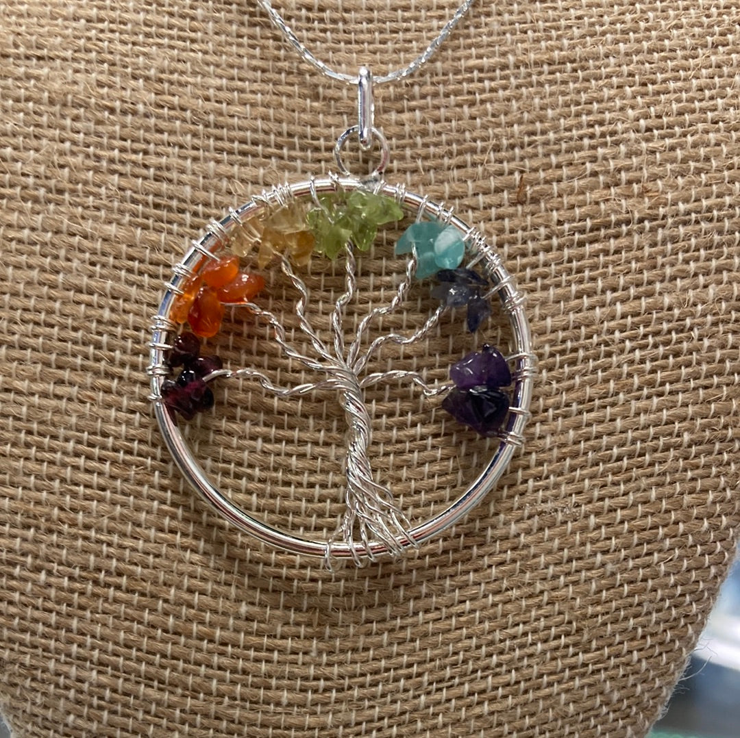 7 Crystal Tree of Life Necklace Silver Plated 22"