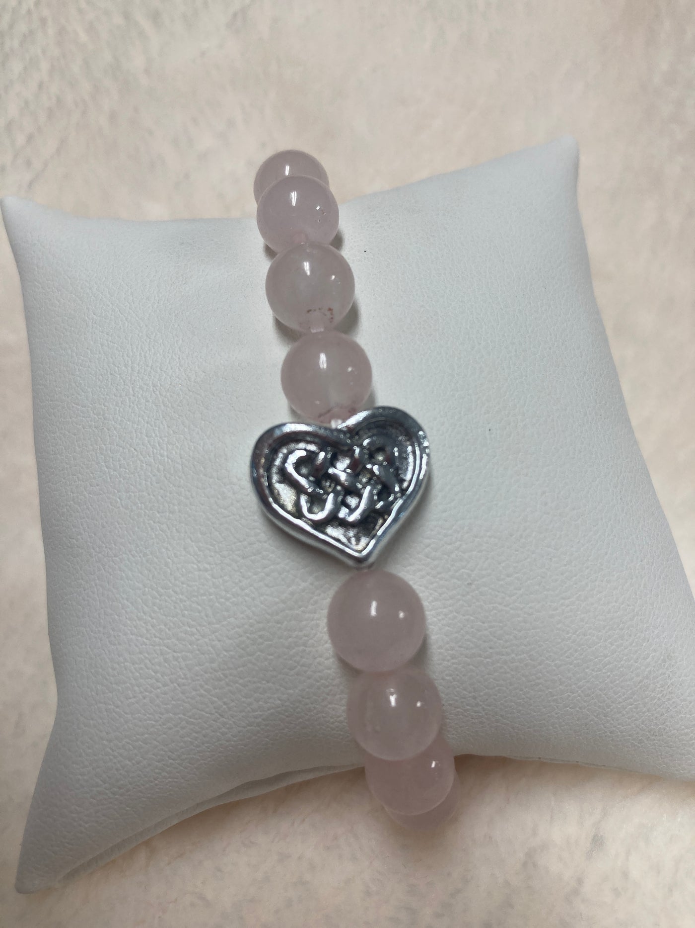 Rose Quartz w/Eternal Knot Heart Charm 8mm Bracelet