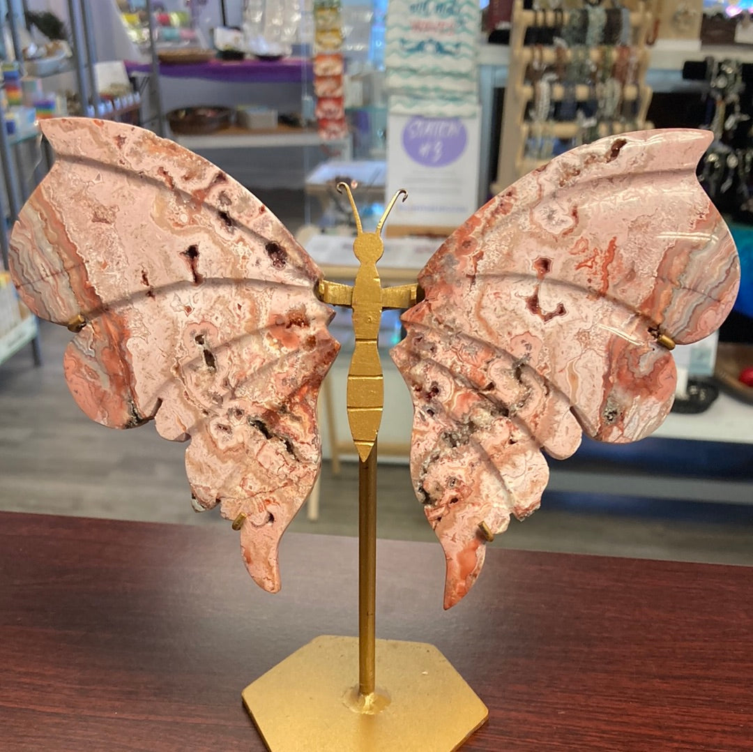 6.5" Crazy Lace Agate Butterfly On Stand