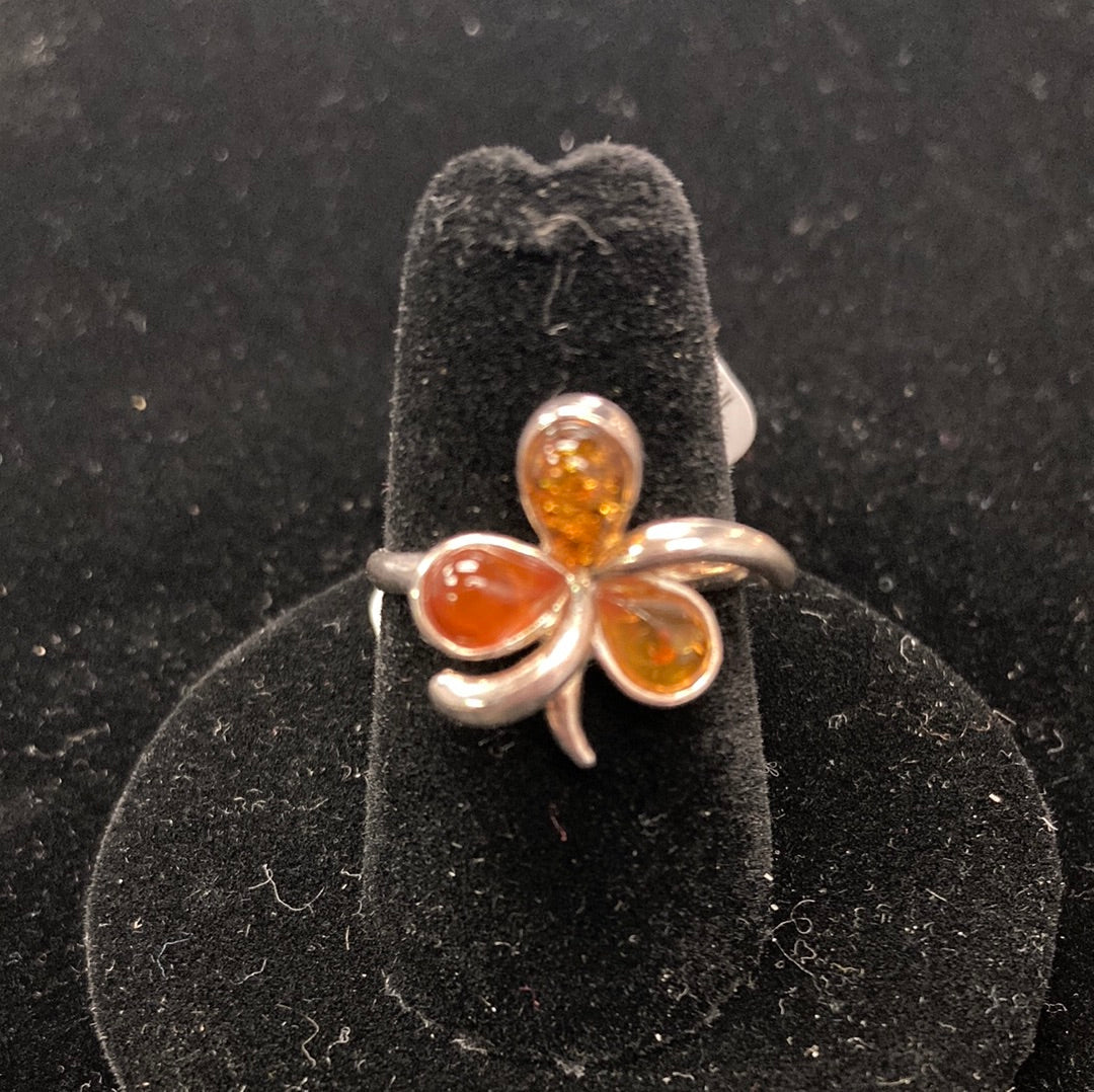 Amber Clover Sterling Silver Ring Natural Sz 6.5