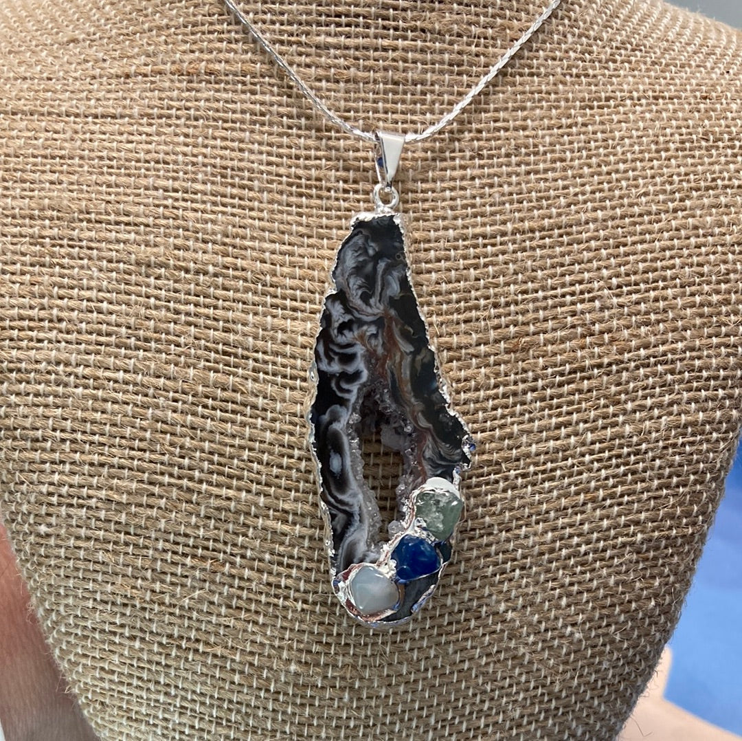 Geode Slice w/3 Gemstones Silver Plated Edge Necklace (A)