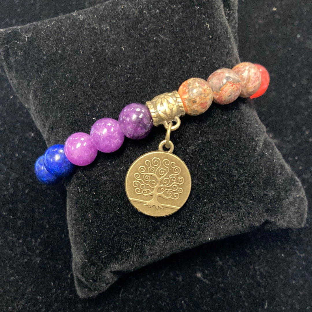 Vintage Chakra Like Beads Bracelet w/Tree of Life Charm 8mm