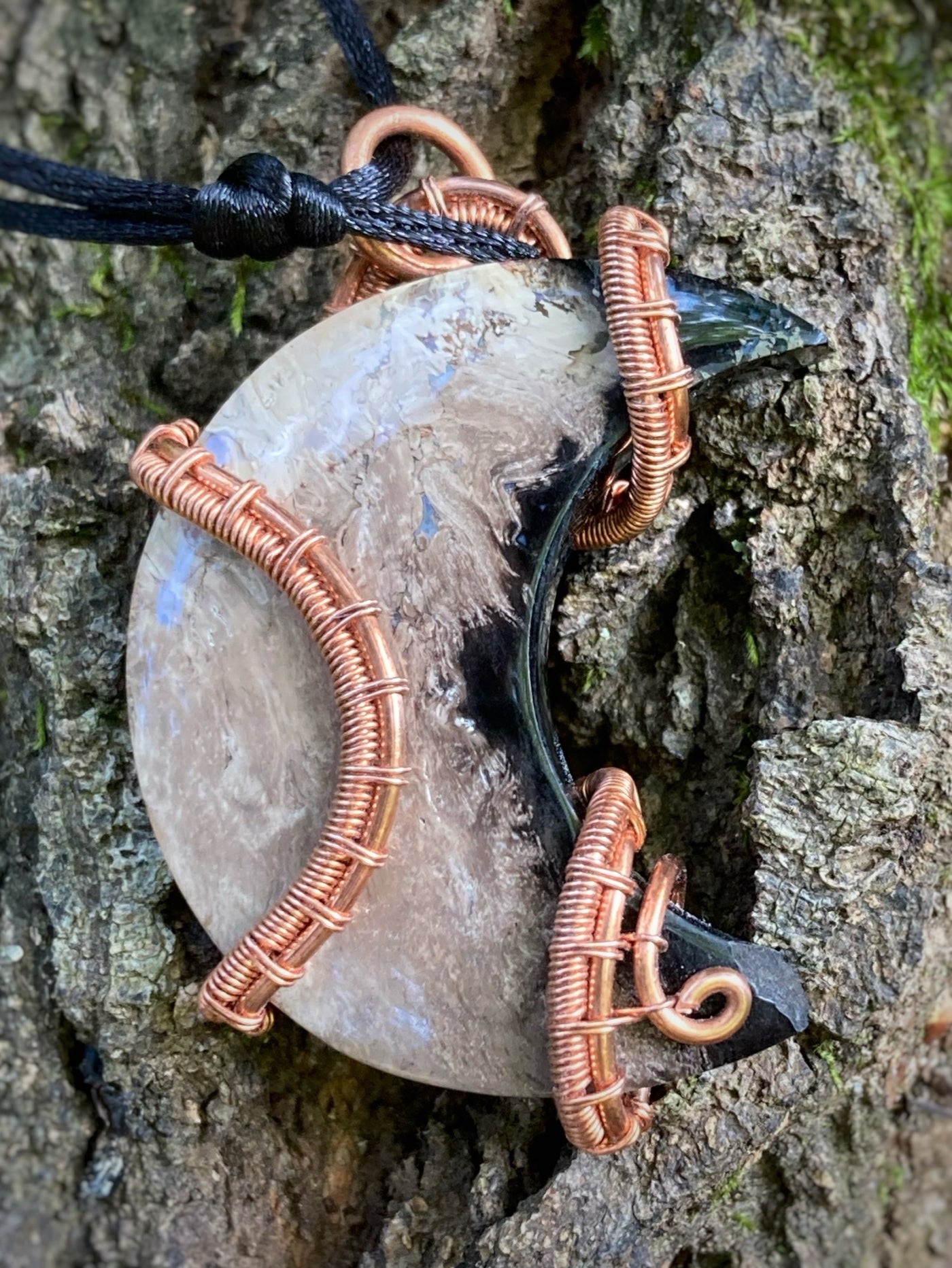 Palm Root Crescent Moon Pendant, Handmade Wire Wrapped Crystal Necklace - 1