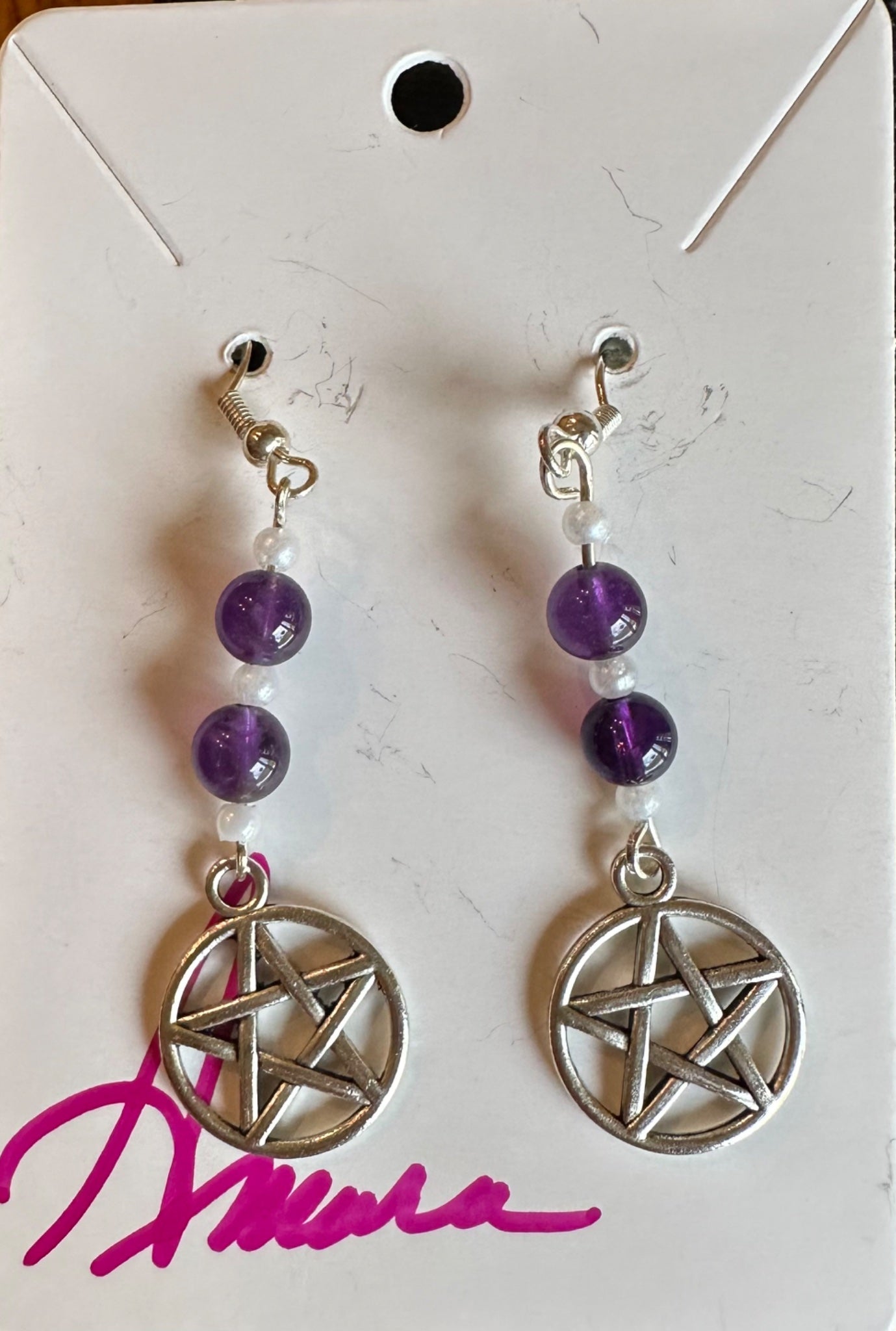 Pentacle dangle earrings with amethyst and pearl  - 1