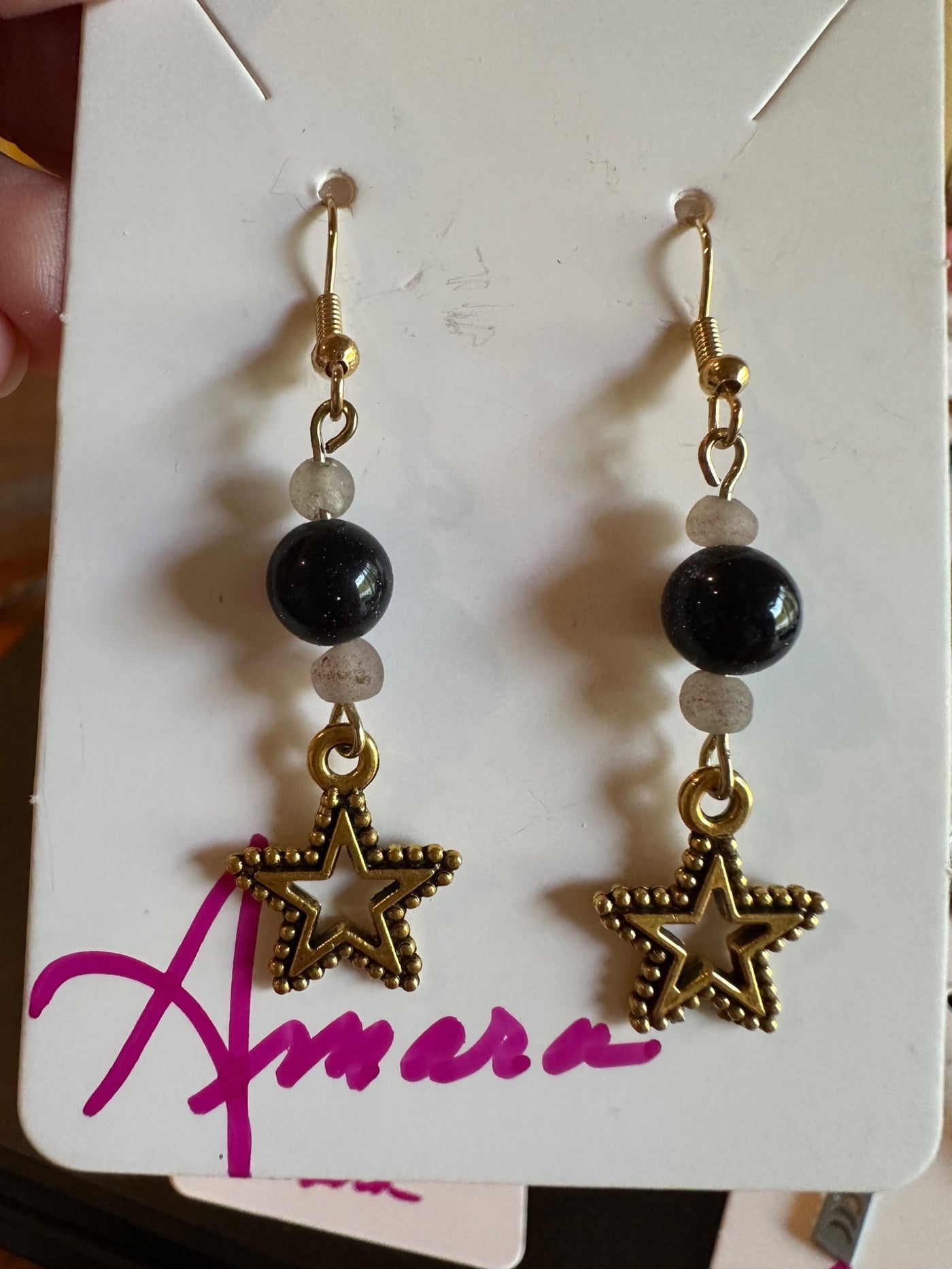 Gold open Star earrings with blue goldstone and quartz beads - 1