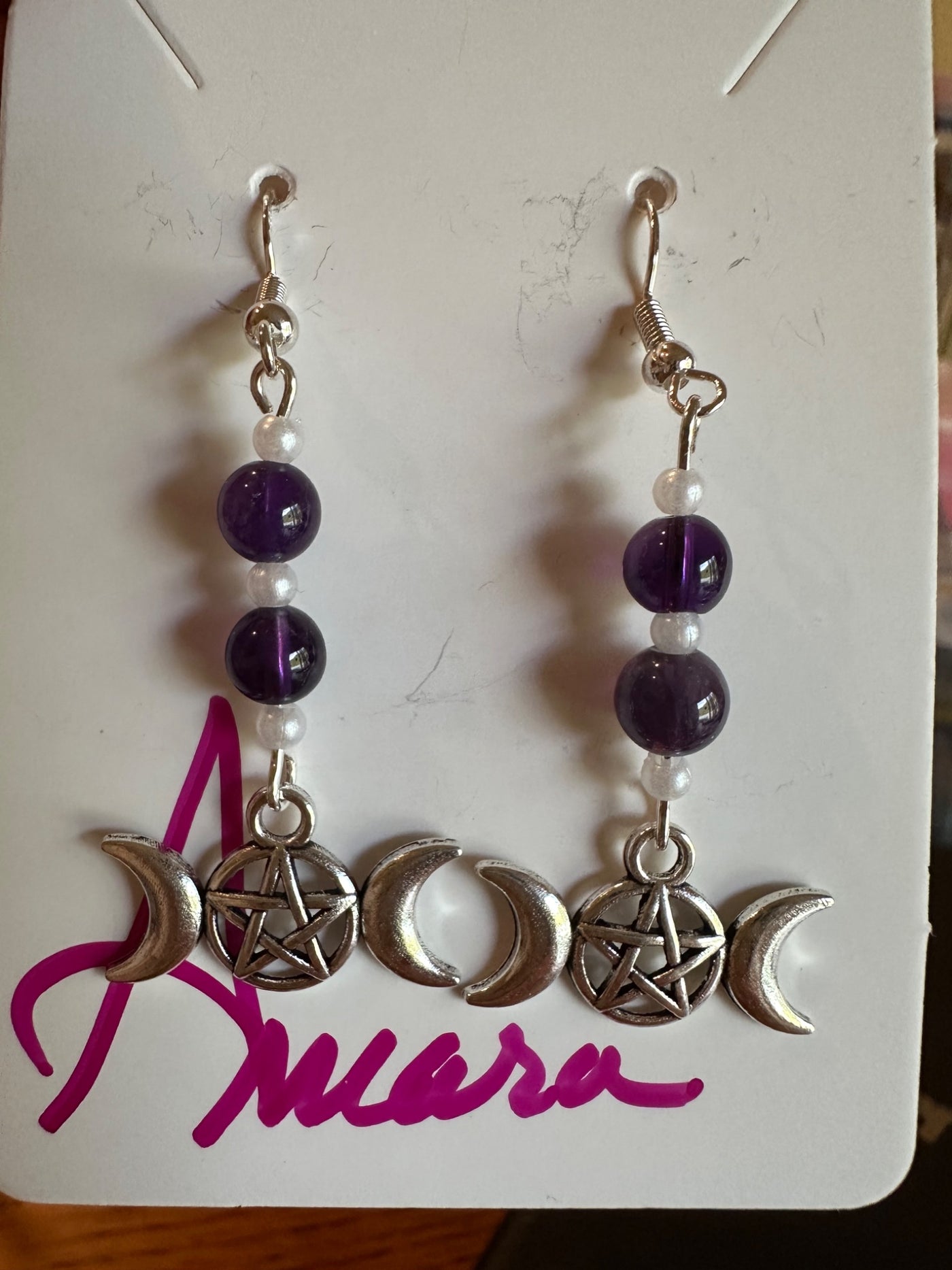 Triple moon Goddess and Pentagram with amethyst and pearl beads - 1