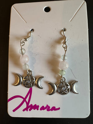 Triple Moon Goddess w/pentagram and Rose Quartz and Clear Quartz  - 1