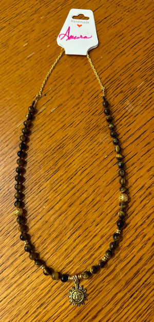 Gold celestial necklace with tiger’s eye beads - 1