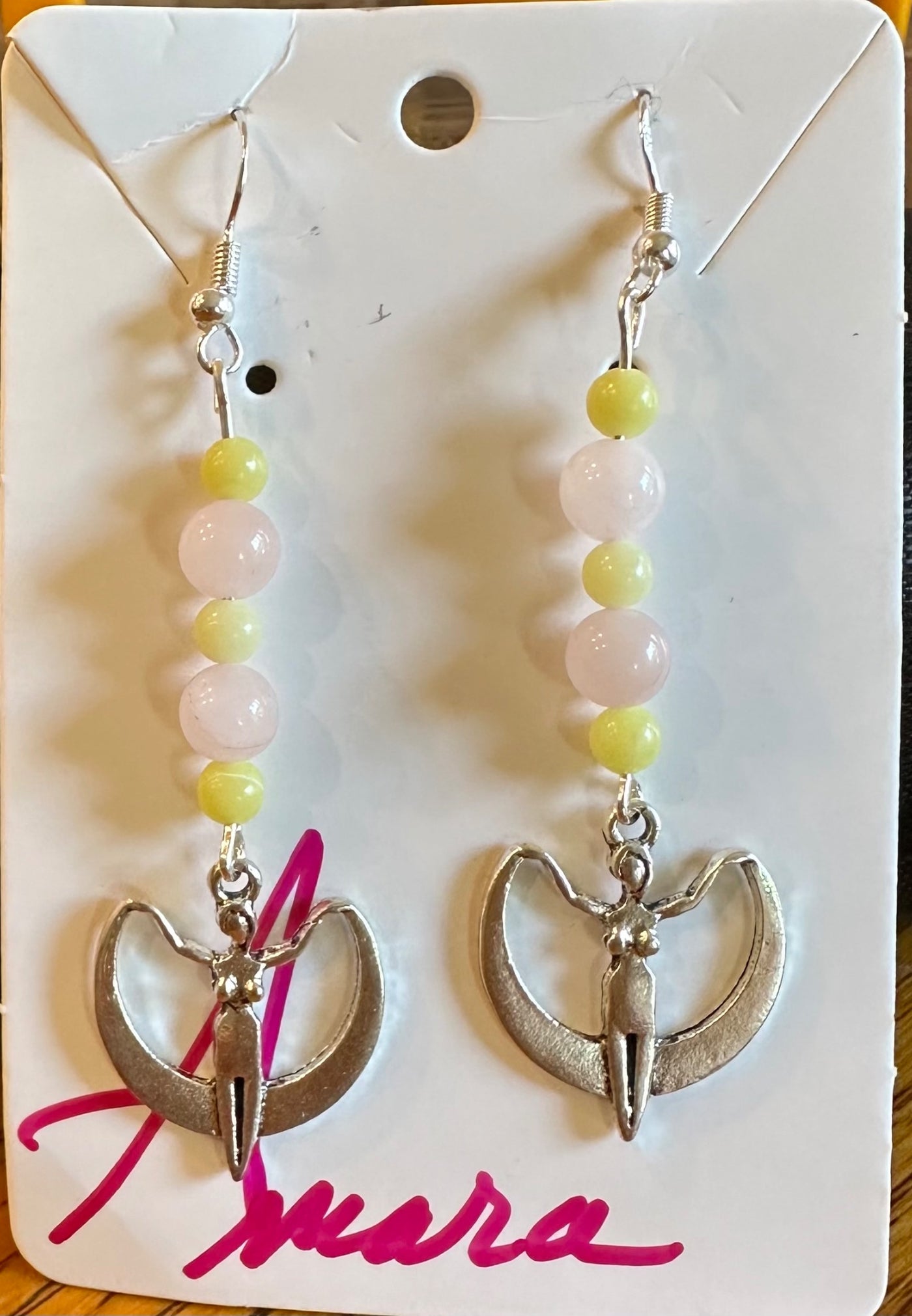 Goddess crescent moon with rose quartz and lemon jade  - 1