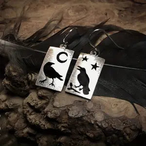 Vintage Star, Moon, Crow Square Dangle Earrings