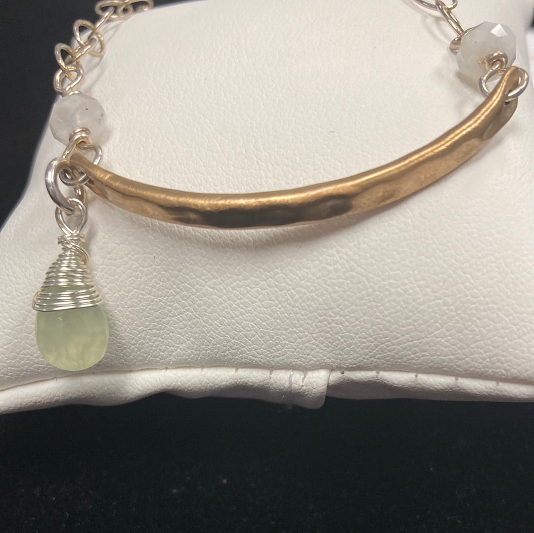 Rainbow Moonstone Sterling Silver Bracelet w/Prehnite Dangle