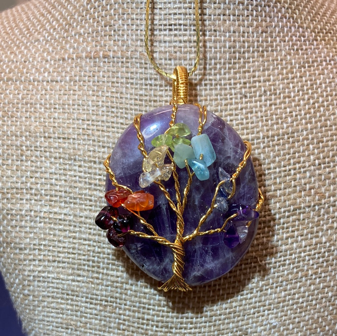 Amethyst Tree of Life Necklace Gold Plated 24"