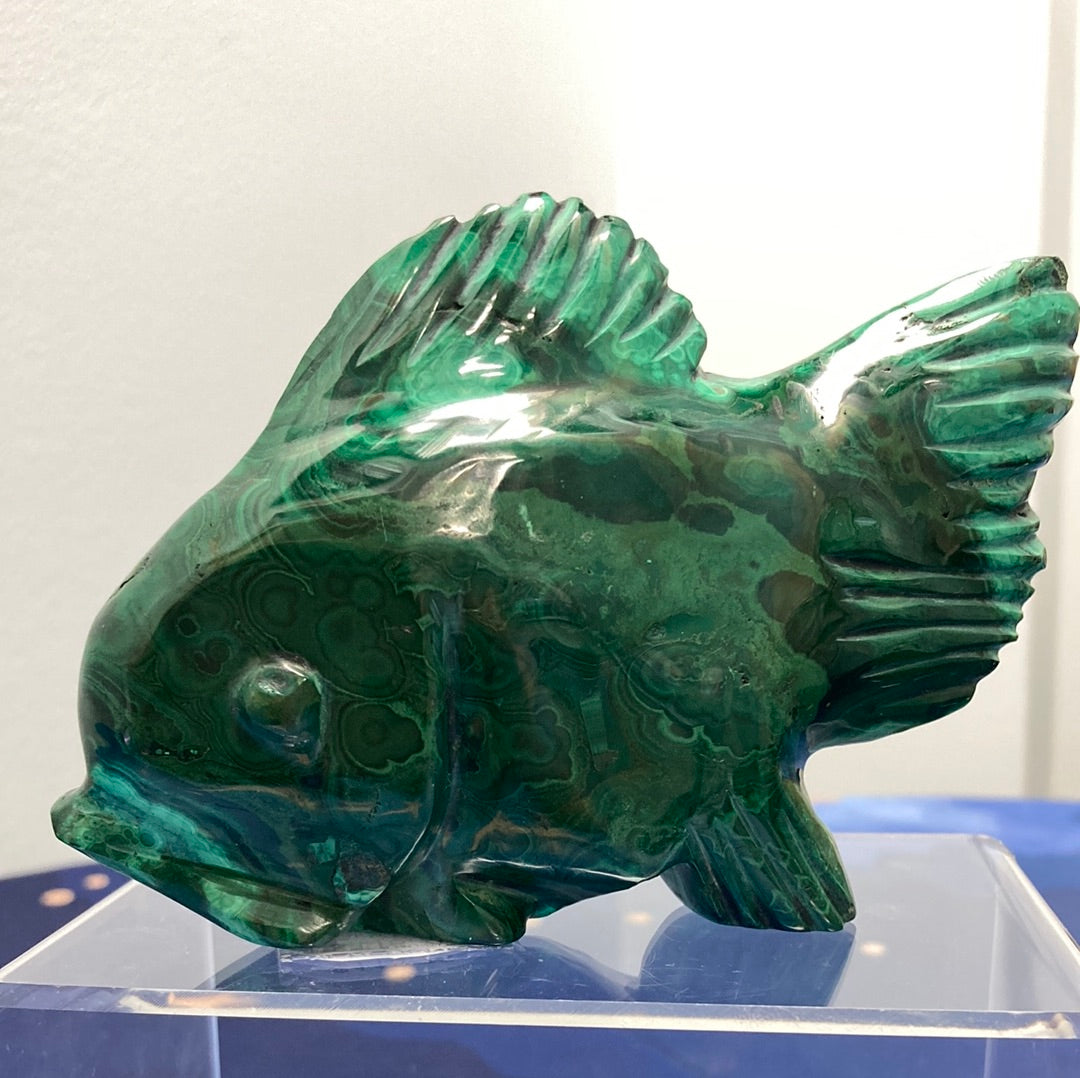 Fish Malachite Carved Statue 5.25"L