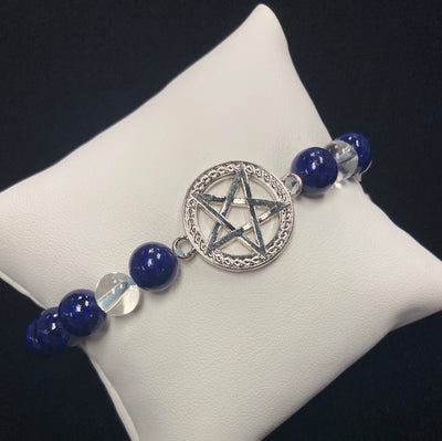 Lapis Lazuli & Clear Quartz w/Pentacle Charm Bracelet 8mm