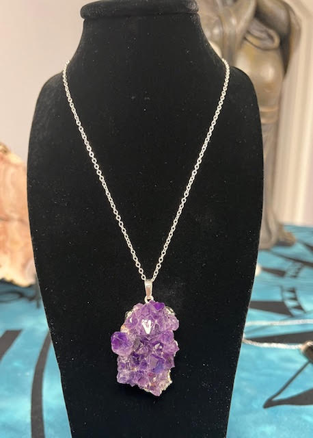 Amethyst Cluster Raw Silver Tone Pendant Necklace