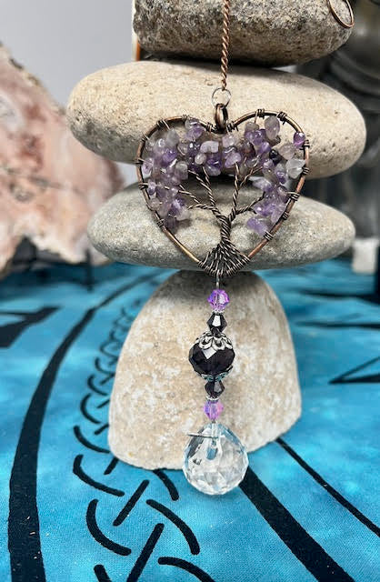 Amethyst Metal Heart with Tree of Life Stones Suncatcher