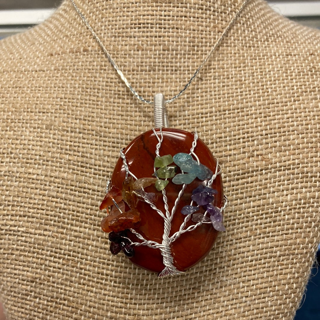 Red Jasper Tree of Life Necklace Silver Plated 24"