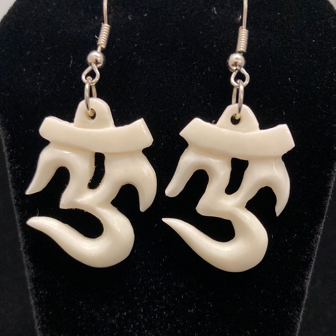 Om White Carved Bone Earrings