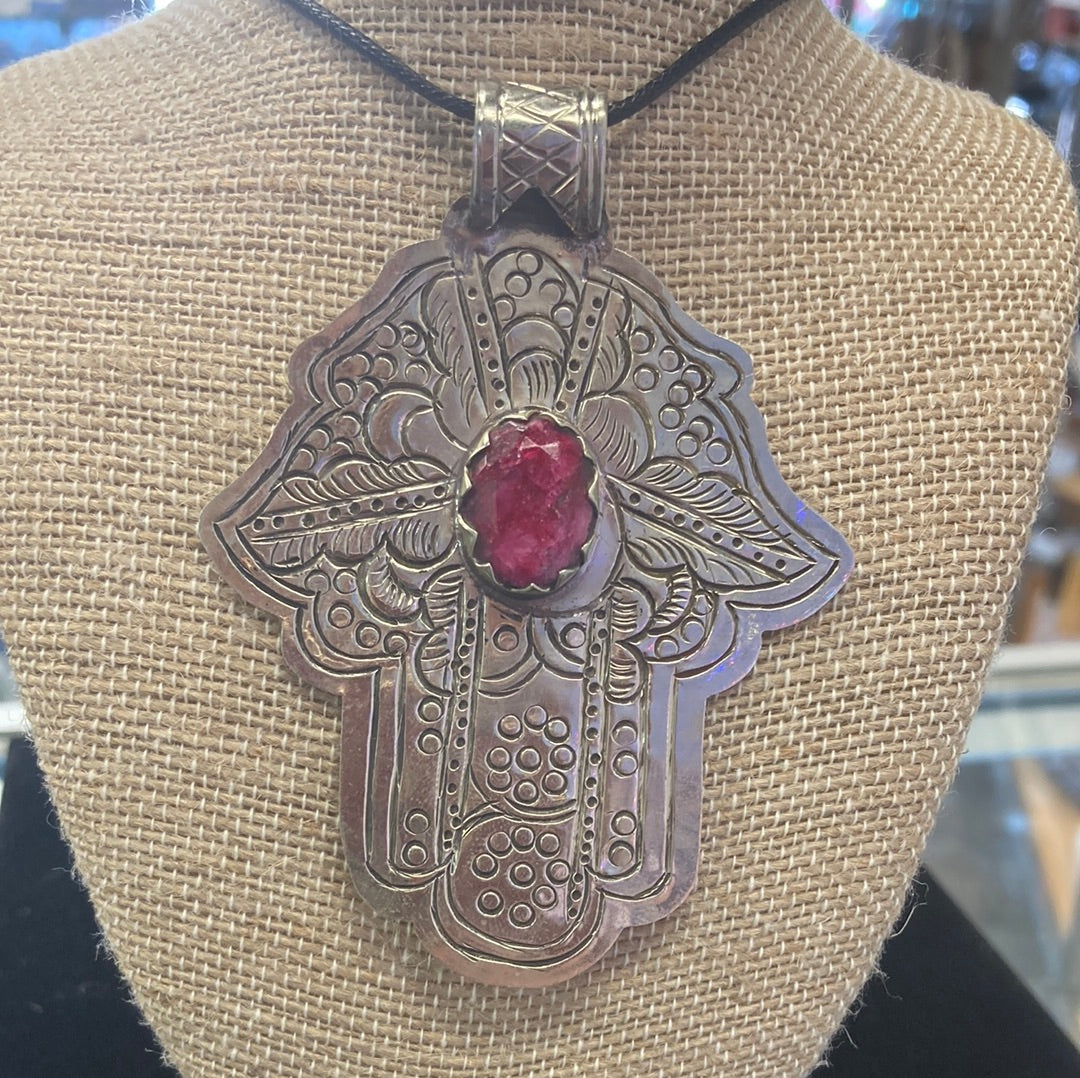 Ornate Hamsa Hand Sterling Silver Necklace