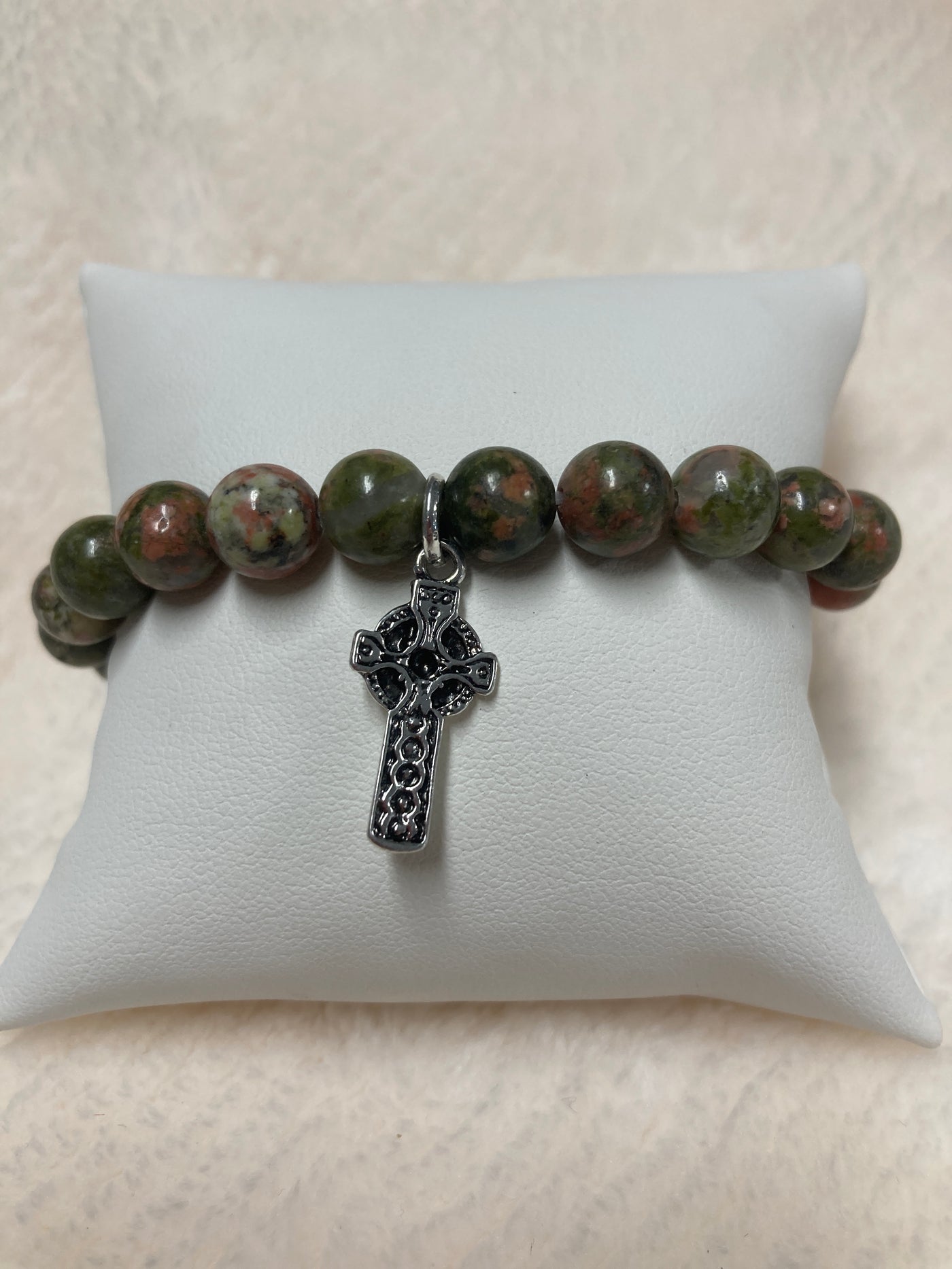 Unakite w/Faith Cross Charm Bracelet 8mm