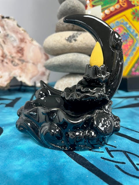 Moon with Waterfall Black Ceramic Backflow Cone Incense Burner