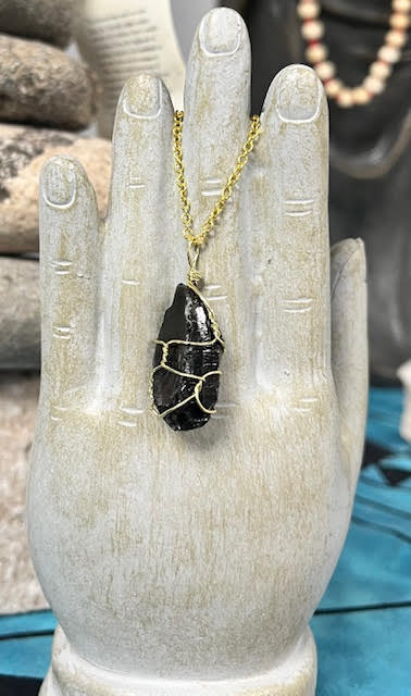 Black Obsidian Wire Wrapped Necklace Gold
