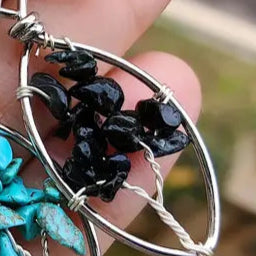 Black Tourmaline Chips Tree of Life and Eye shaped Pendant