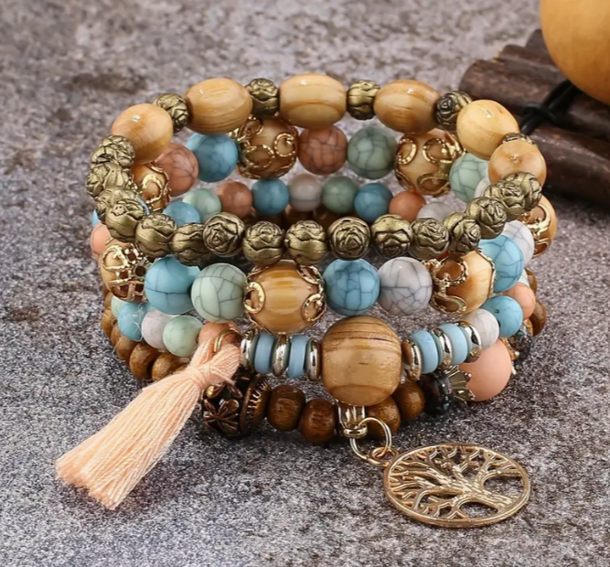 Pink & Blue Beads, Wooden Bead Bracelet w/Tree of Life Charm- 4 Piece Set