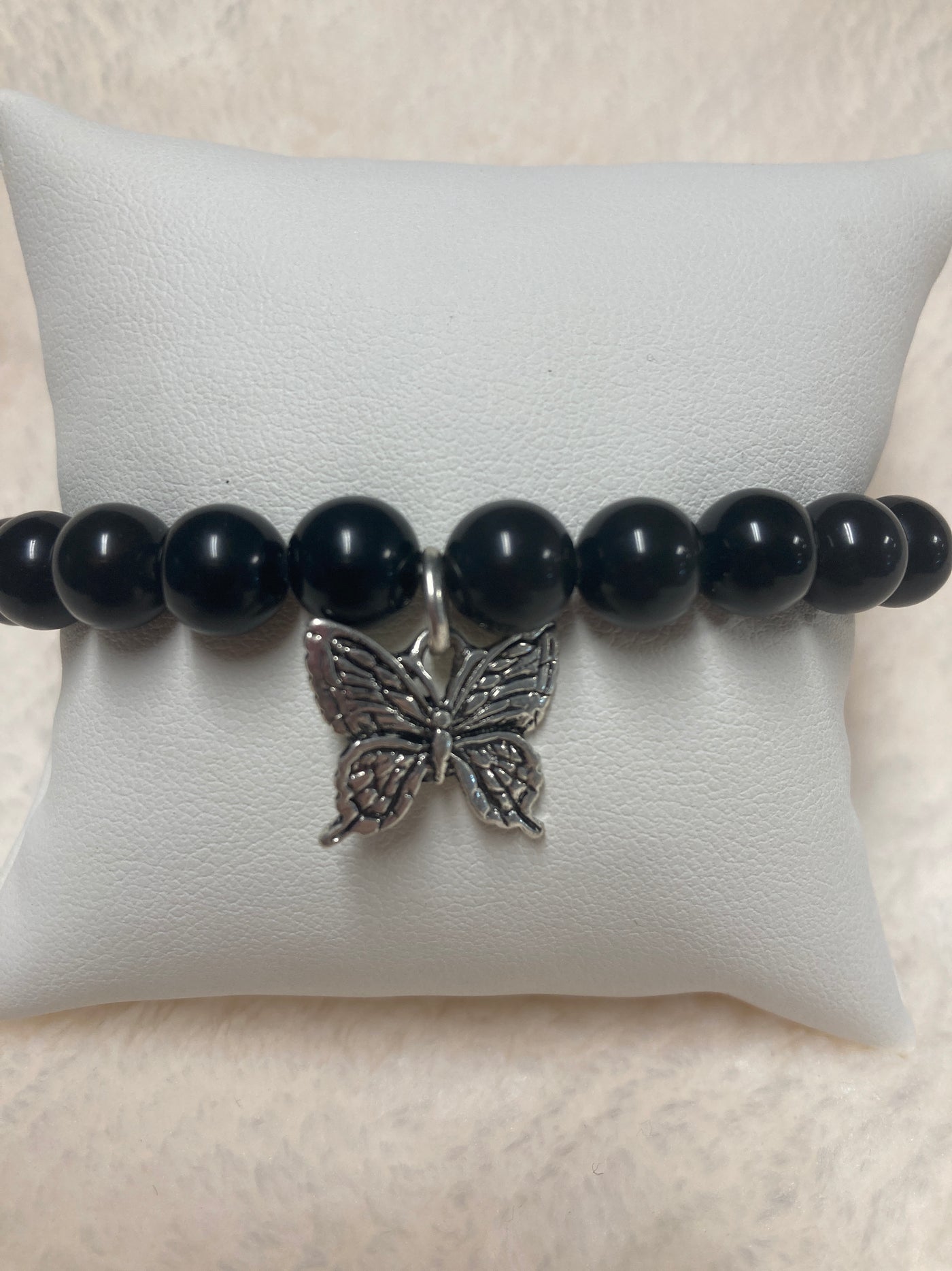 Black Obsidian w/Hope Butterfly Charm Bracelet 8mm