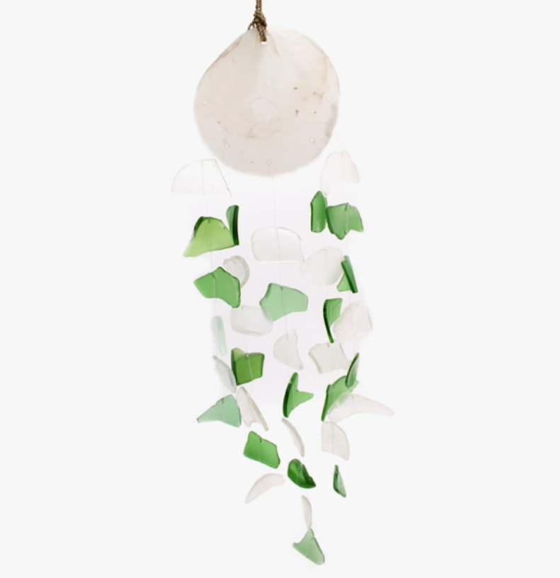 Capiz  Shell w/ Green & White Sea Glass Wind Chime