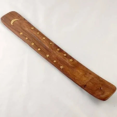 Wood with Crescent Star Brass Inlay Incense Holder Ash Catcher 10"