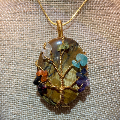 Tigers Eye Tree of Life Necklace Gold Plated 24"
