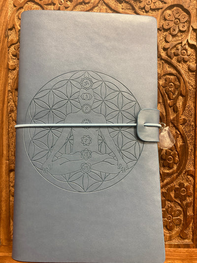 Chakras & Seed Of Life Journal w/Crystal, Leather - Light Blue