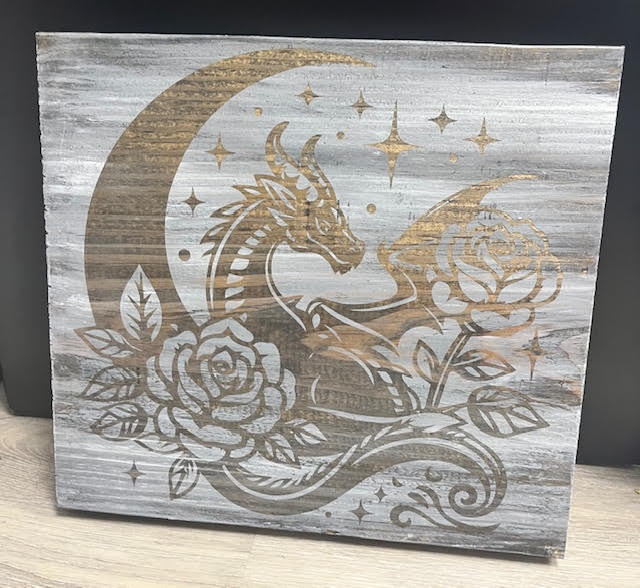 "Dragon and Roses" Board Wood Etched Handcrafted Locally by Cassie