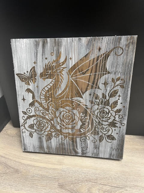 "Dragon with a Butterfly and Roses" Board Wood Etched Handcrafted Locally by Cassie
