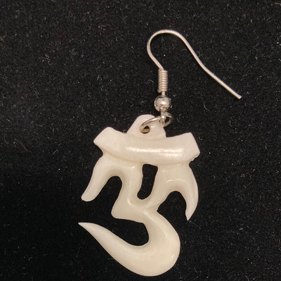 Om White Carved Bone Earrings