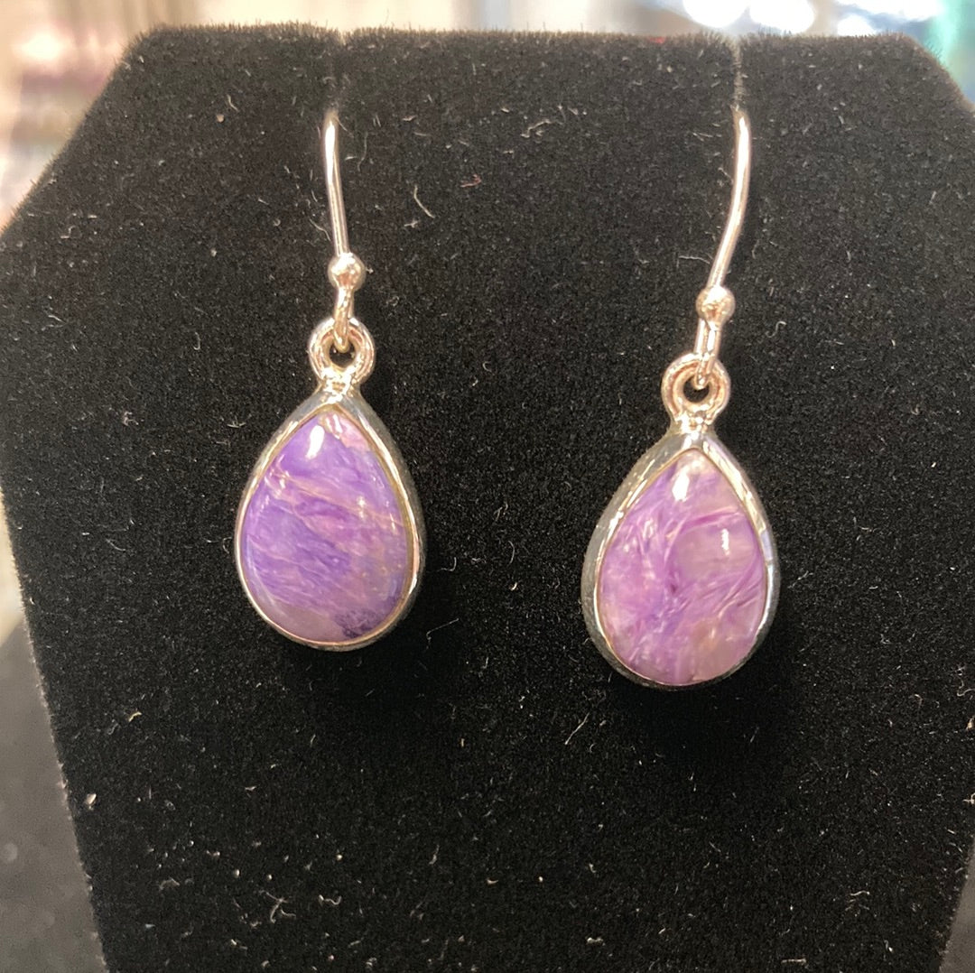 Charoite Pear Shaped Dangle Earrings SS