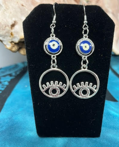 Evil Eye Silvertone Dangle Earrings - Small Evil Eye and Rhinestones