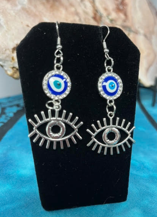 Evil Eye Silvertone Dangle Earrings - Large Evil Eye and Rhinestones